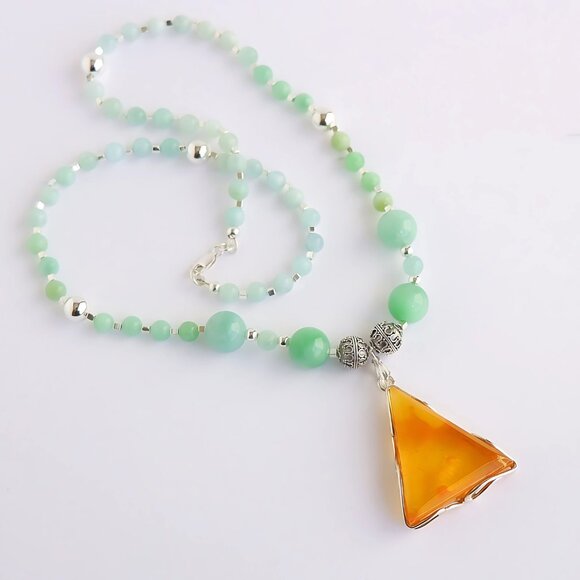 Baltic Amber and Burma Jade Statement Necklace with 925 Sterling Silver - Picture 5 of 7